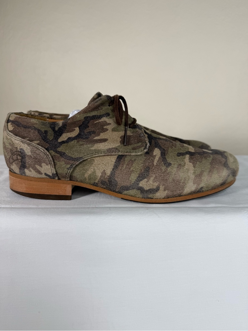 John Fluevog Camo Derby Shoes Suede Leather Lace Up Oxfords Shoes Size 8.5